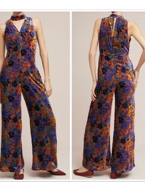 NWT Anthropologie Mauve Sz 2P Ava Velvet Cutout Keyhole Jumpsuit Floral